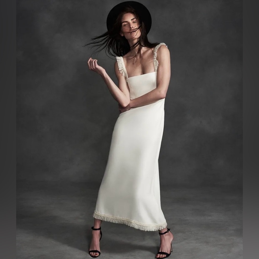 LA Ligne La Frange Ivory White Fringe trim Slip Dress size 8
